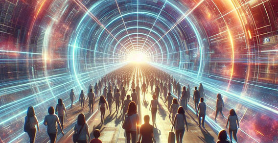 Arte conceitual de portal de luz e multidão criada com Inteligência Artificial - Sistema 360º - Rone Bends.