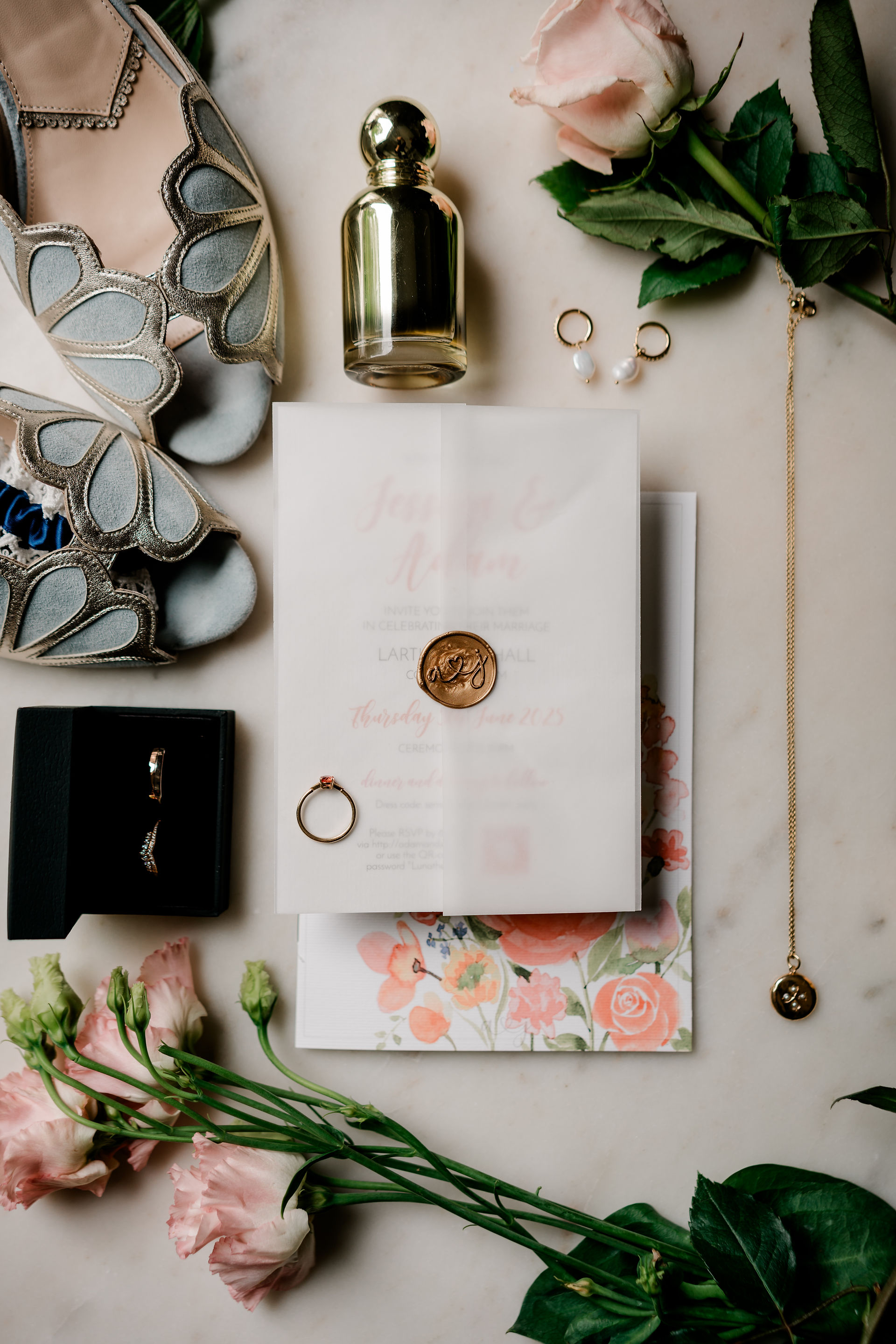 Wedding details: rings, shoes, invitation wedding photographers in the north east