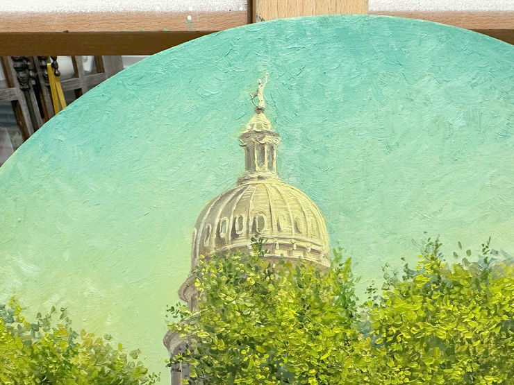 Macro oil texture of the Texas State Capitol in Keep it weekly by Catherine Snowstorm. Detailed architectural brushwork on tondo.