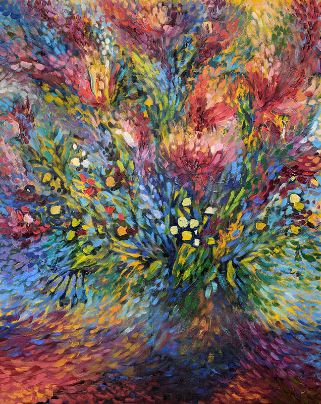 Expressive alla prima oil painting With the declaration by Catherine Snowstorm. Spontaneous floral bouquet in vivid red, orange, and yellow on canvas.