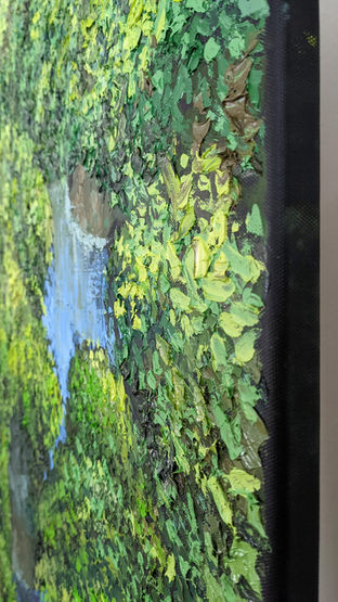 Macro oil texture of forest stream painting Leisurely by Catherine Snowstorm. Sculpted palette knife strokes in deep green.