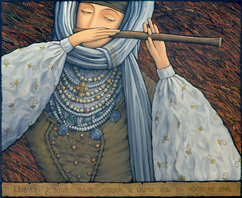 Ukrainian folk art oil painting Dukachi-2 by Catherine Snowstorm. Portrait of a woman playing flute in traditional ethnic jewelry and attire.