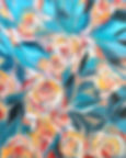 Abstract yellow roses oil painting Winter Garden by Catherine Snowstorm. Sharp angular strokes creating a frozen window effect on teal backdrop.