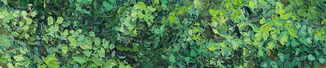 Detail from Catherine Snowstorm's oil painting "Leisurely" — dense green foliage in palette-knife impasto.