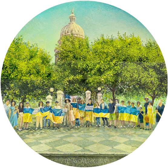 Tondo oil painting Keep it weekly by Catherine Snowstorm. Figurative realism depicting a Ukrainian solidarity rally in Austin, Texas.