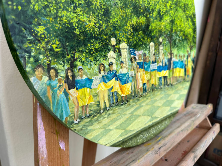 Side macro view of tondo oil painting Keep it weekly by Catherine Snowstorm. Shows depth of the 1-inch wooden panel and realistic textures.