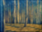 Graphic oil painting Moment by Catherine Snowstorm. Vertical pine tree rhythm against a dark blue forest backdrop with golden sunset light.