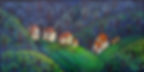 Carpathians by Catherine Snowstorm. A decorative graphic oil painting depicting a cozy mountain village with red-roofed houses nestled among rhythmic, dense green and blue trees.