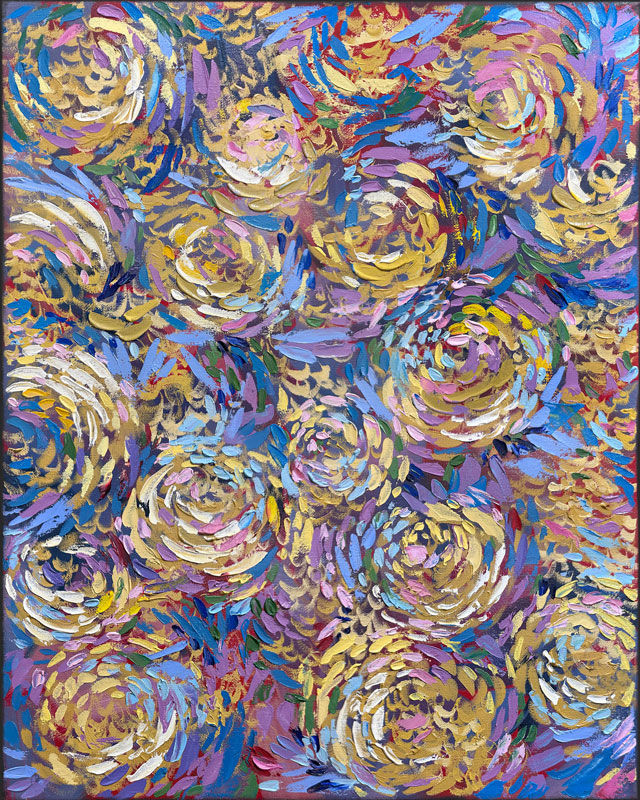 Impasto oil floral painting Bloom by Catherine Snowstorm. Textured yellow and red abstract flowers on a gray background for wall decor.