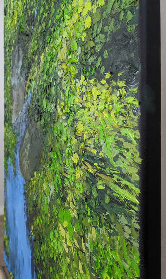 Macro oil detail of forest stream painting Leisurely by Catherine Snowstorm. Textured green foliage and mosaic brushstrokes on canvas.