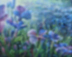 Fine art oil painting Where the Fairies live by Catherine Snowstorm. Macro viewpoint of purple blue aubrieta flowers in soft sunset light.