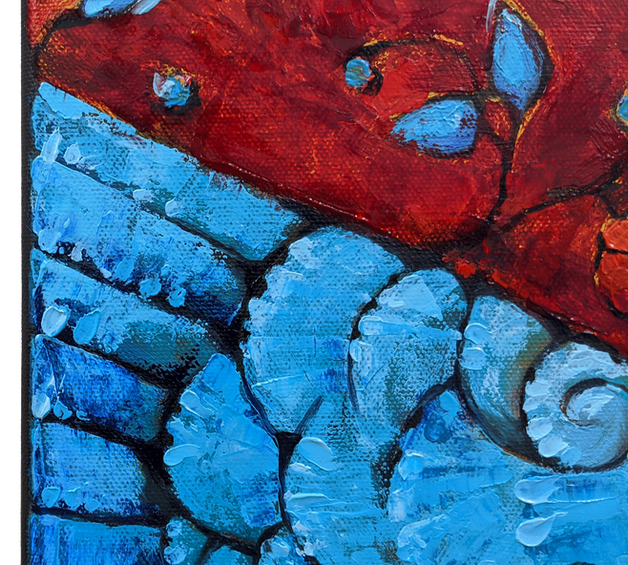 Close-up detail of the turquoise Art Nouveau wing from oil painting "I Got the Power" by Catherine Snowstorm. Thick palette knife impasto builds the wing surface into mosaic-like tiles of turquoise and blue, with a delicate spiral scroll motif at centre. The wing meets a deep crimson background scattered with small blue teardrop shapes. Canvas texture shows through the glazed areas. The contrast of cool turquoise against hot red creates striking visual tension. Detail of mixed technique oil on canvas — Klimt-inspired art with decorative realism and palette knife impasto texture.