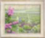 Oil painting by Catherine Snowstorm. Kyiv’s Vydubychi Monastery with lilacs and the Dnieper. Classical Ukrainian landscape.