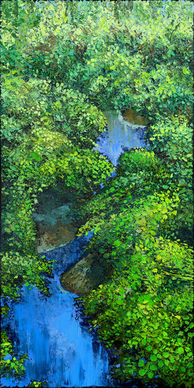 Vertical impasto forest stream oil painting Leisurely by Catherine Snowstorm. Lush green foliage and mossy rocks textured art.