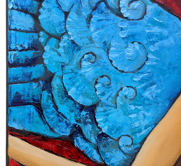 Close-up detail of the ornate turquoise angel wing from oil painting "I Got the Power" by Catherine Snowstorm. The wing surface is built up in thick palette knife impasto — blocks and tiles of turquoise set with delicate spiral scroll motifs, referencing Art Nouveau ornamentation. The woman's pale arm emerges at the right edge beside the golden-yellow floral dress, her fine-brush–painted skin contrasting with the sculptural wing texture. A strip of deep red at the bottom grounds the composition. This detail demonstrates the mixed technique: expressive palette knife impasto for the wings versus smooth fine brushwork for the figure. Modern Art Nouveau, symbolic feminine decor.
