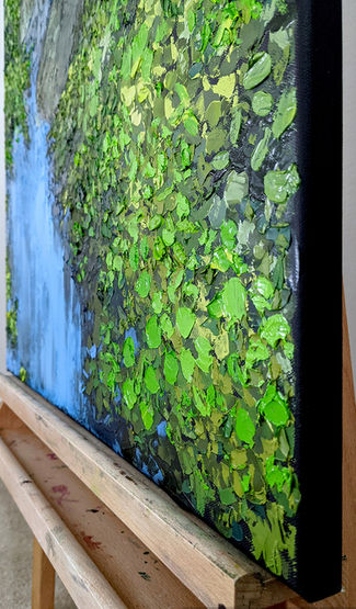 Macro oil detail of forest stream painting Leisurely by Catherine Snowstorm. Deep green foliage and blue water palette knife strokes.