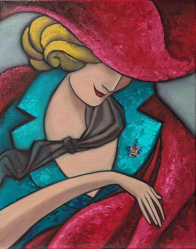 Stylized woman portrait oil painting Anna by Catherine Snowstorm. Lady in a large vibrant pink hat and turquoise jacket with a crown brooch.