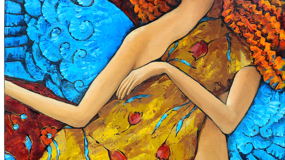 Mid-section detail of oil painting "I Got the Power" by Catherine Snowstorm, showing the angel's crossed arms and richly patterned golden-yellow dress. The fabric is decorated with red bud motifs and turquoise-blue brushstroke accents, recalling the ornamental textile patterns of Klimt-inspired art. The dress surface blends palette knife texture with fine brushwork, creating a lush decorative quality. Both turquoise wings are visible at left and right, framing the composition. The contrast between smooth porcelain skin and the textured, ornate dress epitomises the mixed technique approach. Symbolic art, luxury bedroom decor, feminine energy art.