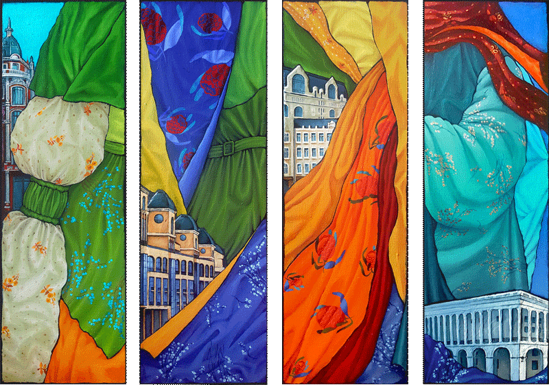 Catherine Snowstorm's quadriptych oil painting "Fashion Seasons" — Spring, Summer, Autumn, Winter — created for the Fashion+Art collaboration with designer Lilia Poustovit, Ukrainian Fashion Week 2017.