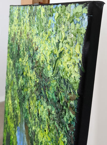 Macro oil texture detail of forest stream painting Leisurely by Catherine Snowstorm. Vibrant green impasto palette knife strokes.