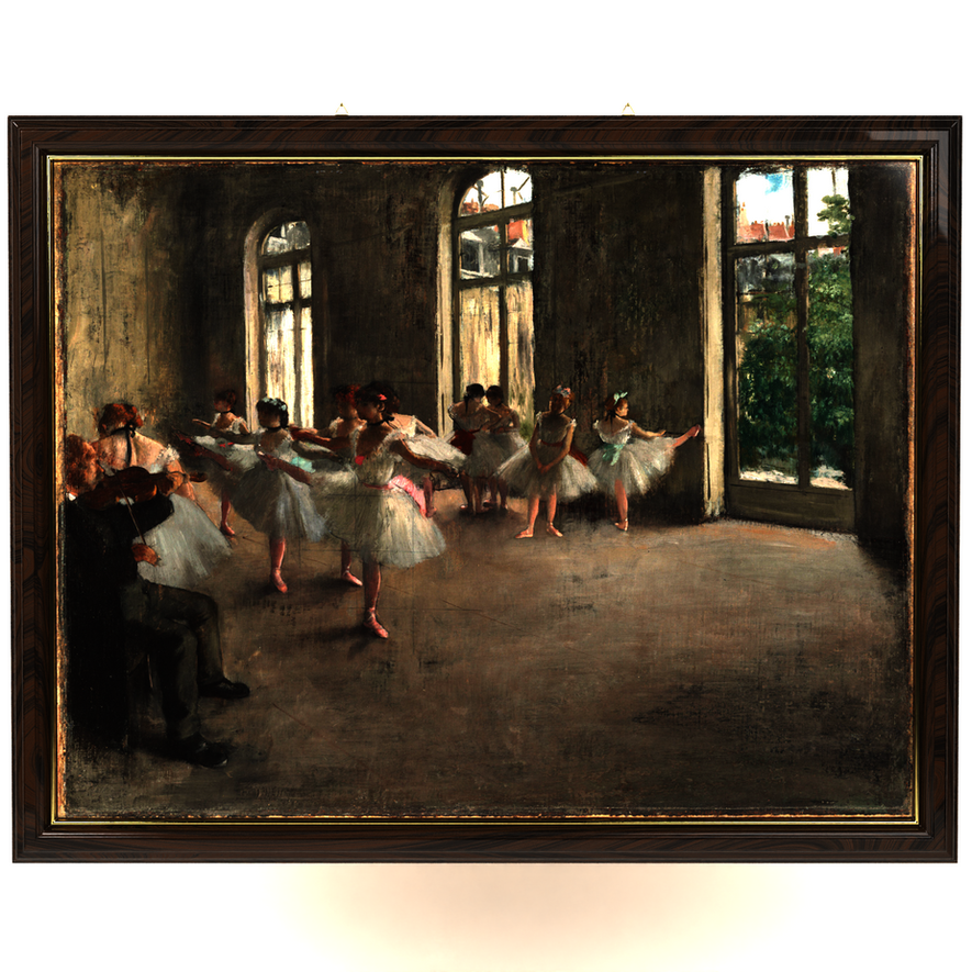 Framed classic art 3D model with dark wood, brass trim, and hook hardware—ideal for dance studios or performance-themed scene