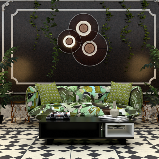 a 3D arch viz scene, showing interior design of a modern living room with a green color scheme, in a 3d space. this interior design/architectural visualization in a production by Retro Violet Studios.