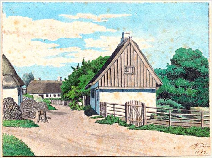 Gl. Byvej i Allerslev. Degnehuset til højre. Malet af Christian Bayer i 1874