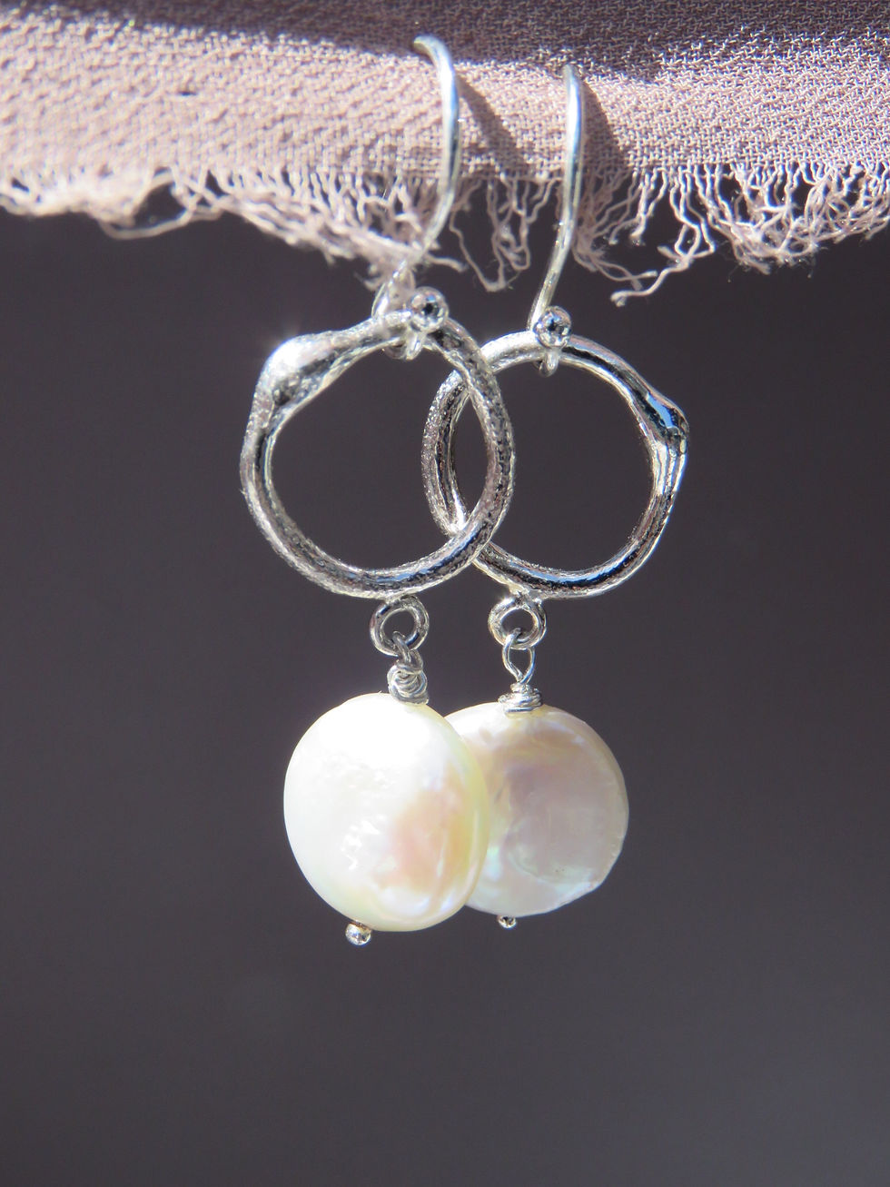 Thumbnail: Molten Silver & Freshwater Pearl Drop Earrings | Sterling Silver Pearl Earrings