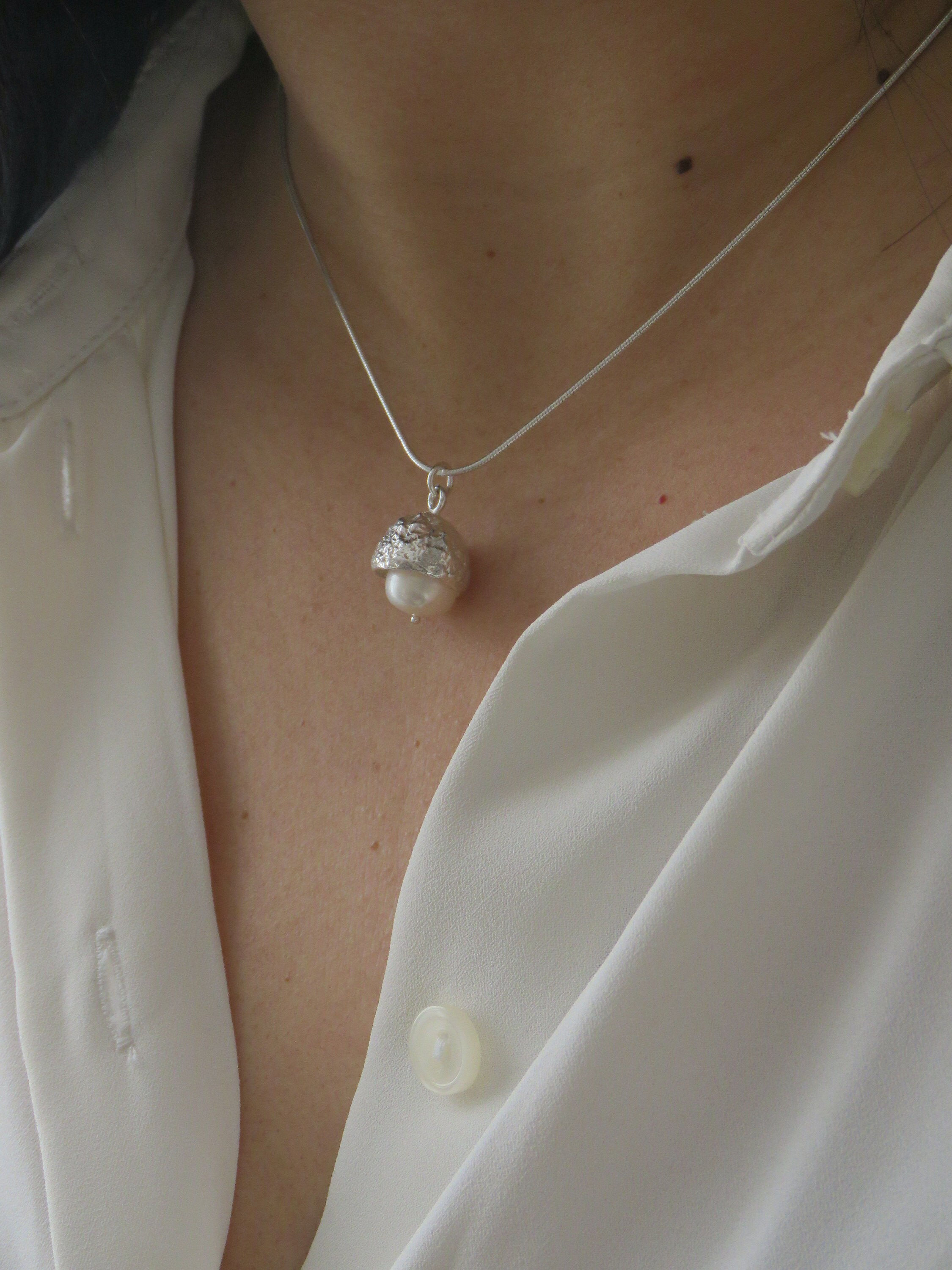 Sterling Silver Acorn & Freshwater Pearl Pendant Necklace