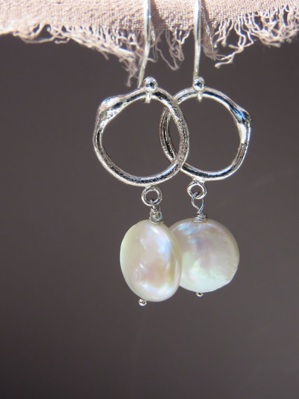 Thumbnail: Molten Silver & Freshwater Pearl Drop Earrings | Sterling Silver Pearl Earrings