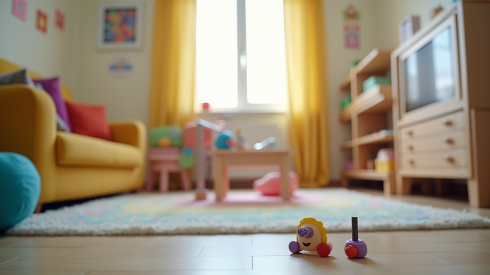 Eye-level view of a cozy therapy room with colorful speech therapy tools