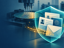 Identity documents and an envelope inside a translucent shield beside semiconductor testing equipment.