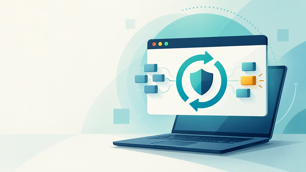 Browser window above a laptop showing a security shield surrounded by an update arrow.