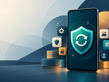 Smartphone displaying a security shield and update arrows, surrounded by app and settings icons.