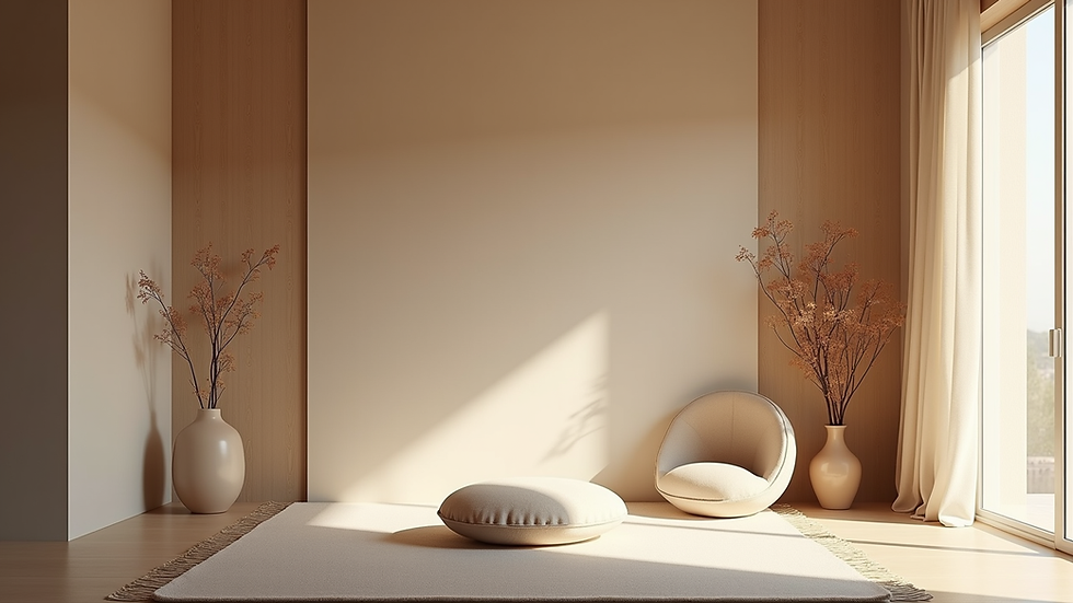 Eye-level view of a serene meditation space with calming decor