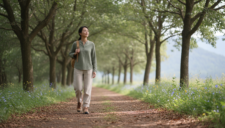Eye-level view of a person walking on a quiet nature path in comfortable shoes.