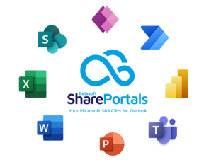 Icons for Microsoft Apps surround the Share Portals logo on a white background. Text reads "Your Microsoft 365 CRM for Outlook."