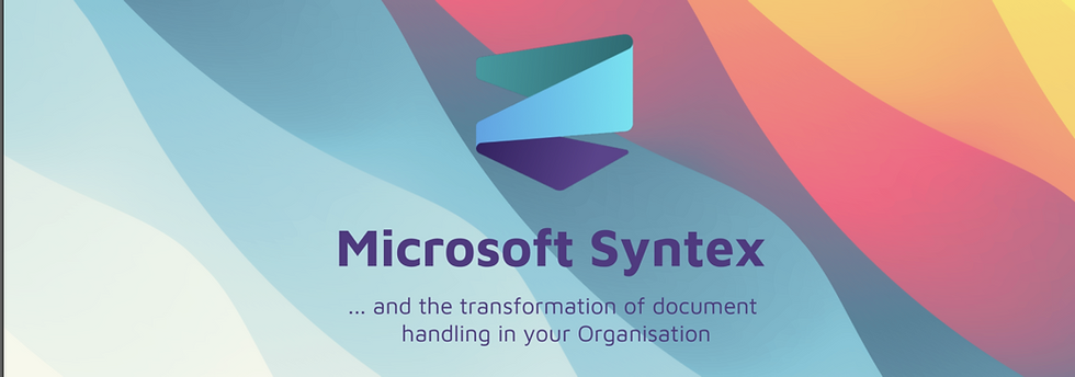 Microsoft Syntex logo on a colorful wavy background with text: "...and the transformation of document handling in your Organisation."
