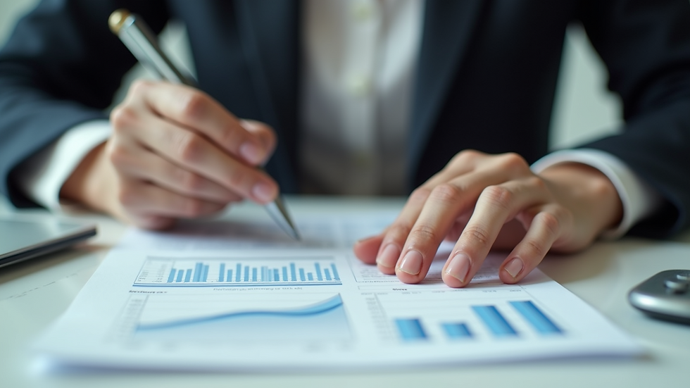 Close-up view of a woman analyzing financial documents