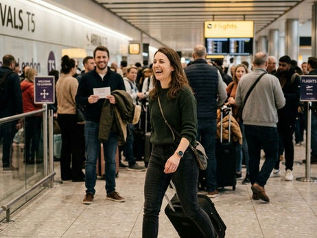 Woman walking through airport arrivals smiling with suitcase, representing reunion after long-distance relationship.