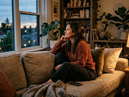 Woman sitting alone on a couch in a softly lit living room, looking out the window with a phone placed beside her, expressing loneliness and emotional withdrawal.