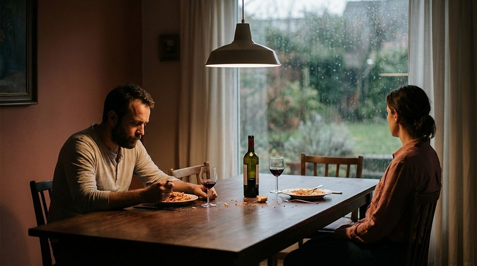 Man and woman sitting quietly at a dining table with wine, avoiding eye contact during a tense relationship moment