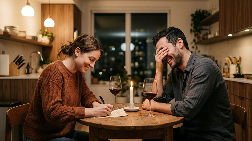 Couple sitting at table writing answers to relationship questions game with wine and candlelight setting