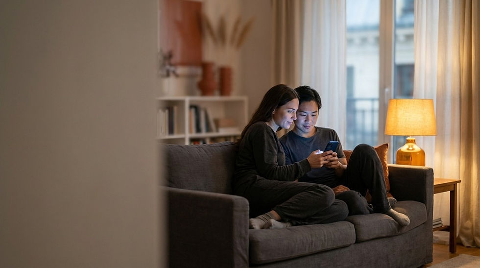 Couple sitting on couch together looking at smartphone, smiling and bonding in a relaxed home environment.