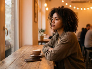 Woman sitting alone in a cozy café with coffee, looking out the window thoughtfully while waiting for a text message