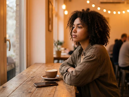 Woman sitting alone in a cozy café with coffee, looking out the window thoughtfully while waiting for a text message