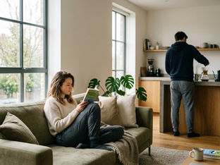 Woman reading on sofa while man works in kitchen, emotional distance in relationship at home
