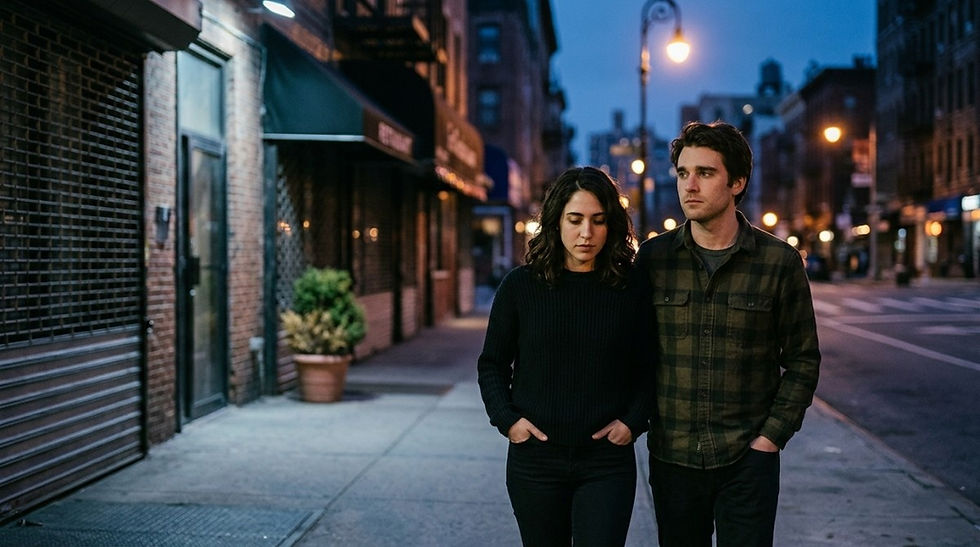 Couple walking silently at night showing emotional distance in relationship