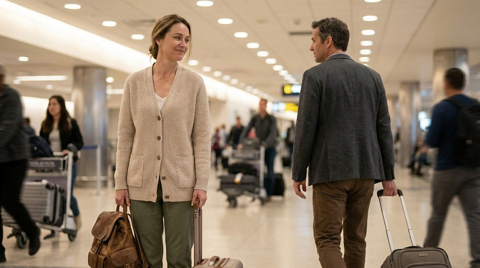 Man and woman walking apart at airport with luggage after emotional goodbye