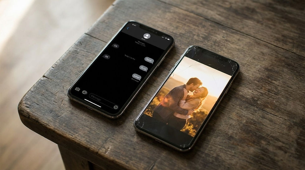 Two smartphones showing text messages and couple photo symbolizing relationship communication